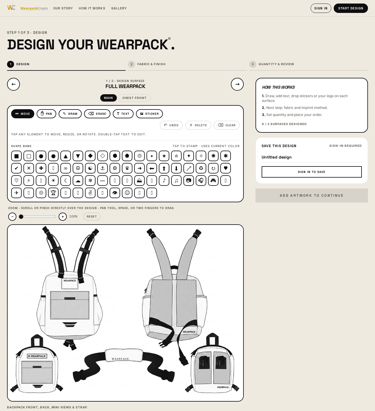 Wearpack design studio full interface with tool panel, color pickers, and live preview